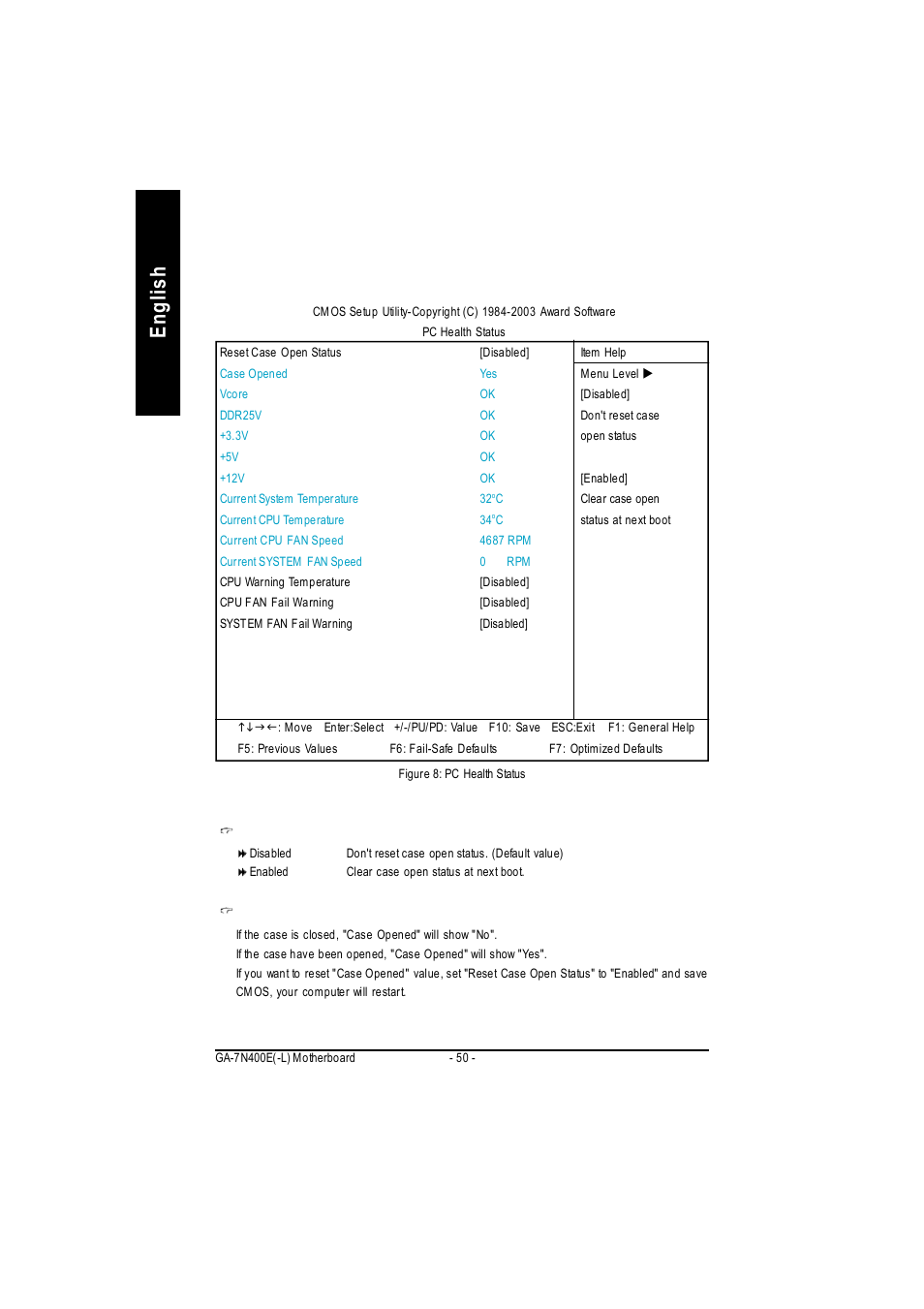 English, Pc health status | GIGABYTE 5225 User Manual | Page 54 / 97