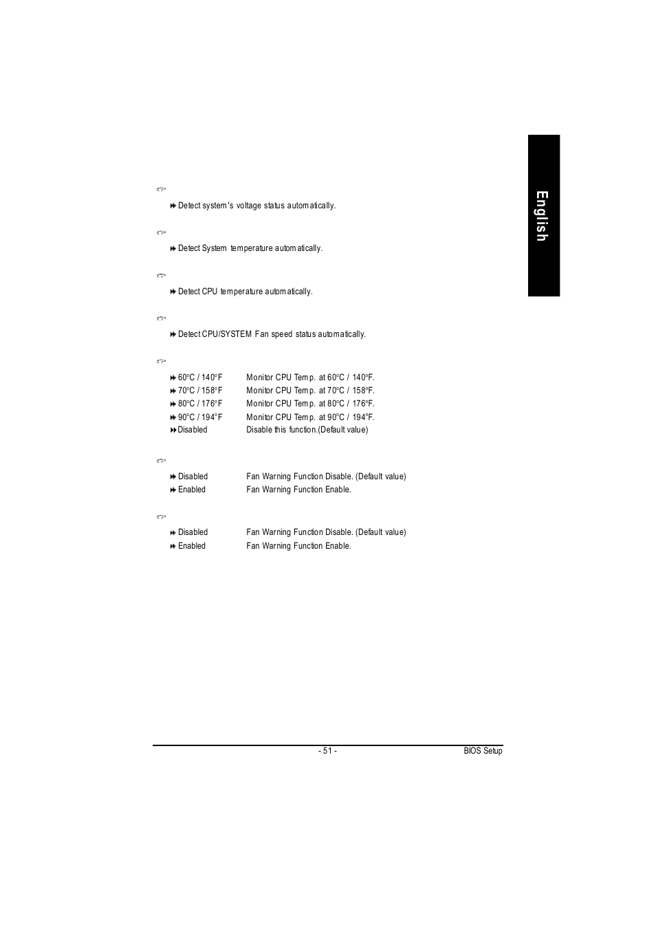 English, Current system temperature, Current cpu temperature | Current cpu/system fan speed (rpm), Cpu warning temperature, Cpu fan fail warning, System fan fail warning | GIGABYTE 5225 User Manual | Page 55 / 97