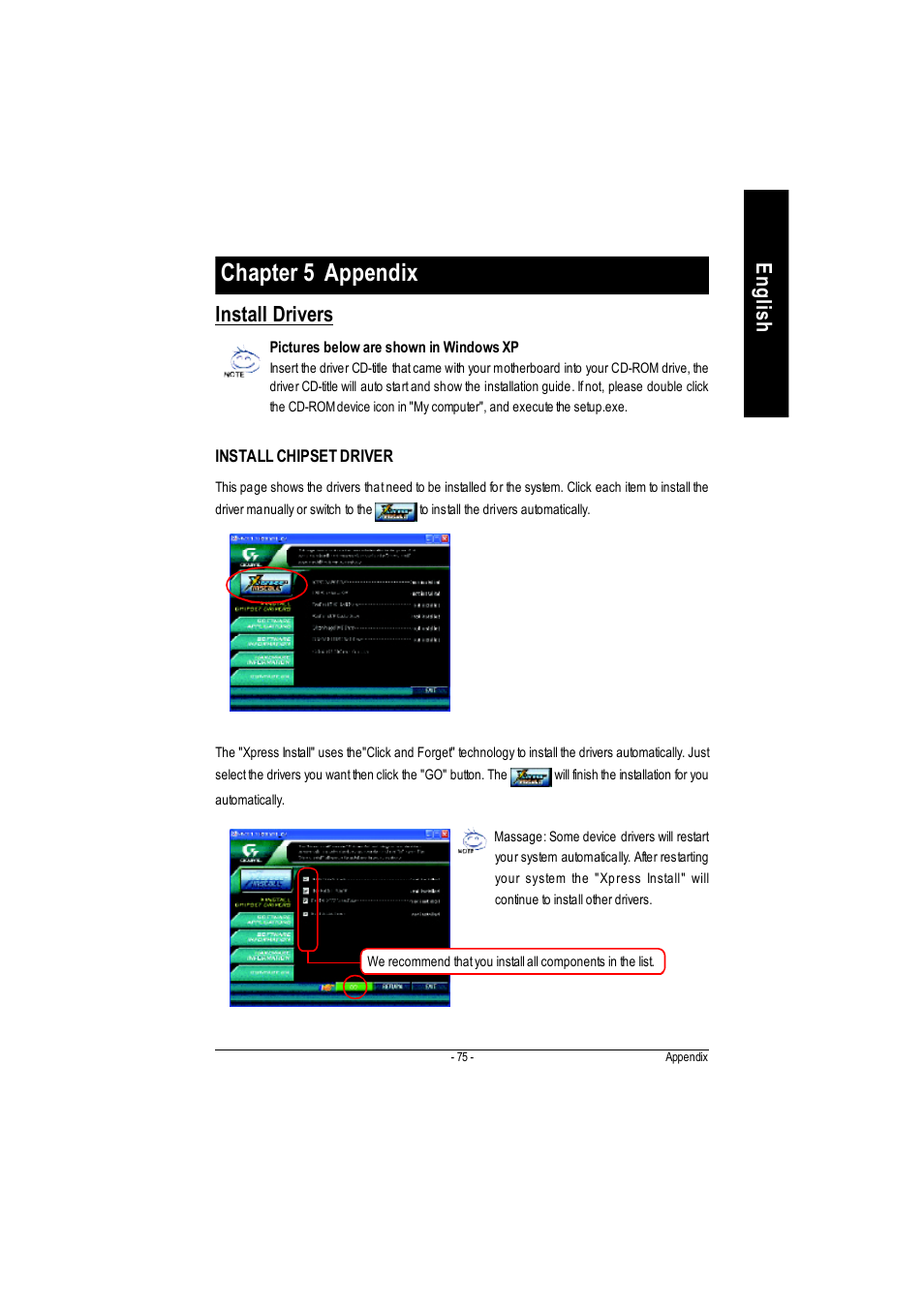 Chapter 5 appendix, English revision history, Install drivers | GIGABYTE 5225 User Manual | Page 80 / 97