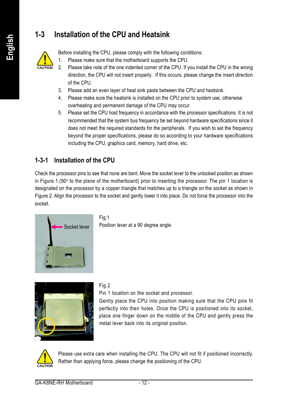 English, 3 installation of the cpu and heatsink | GIGABYTE AMD Socket 754 Processor Motherboard GA-K8NE-RH User Manual | Page 12 / 80