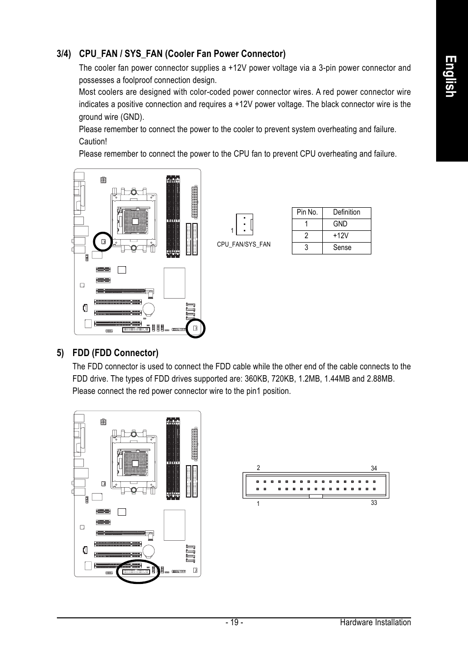 English, 5) fdd (fdd connector) | GIGABYTE AMD Socket 754 Processor Motherboard GA-K8NE-RH User Manual | Page 19 / 80