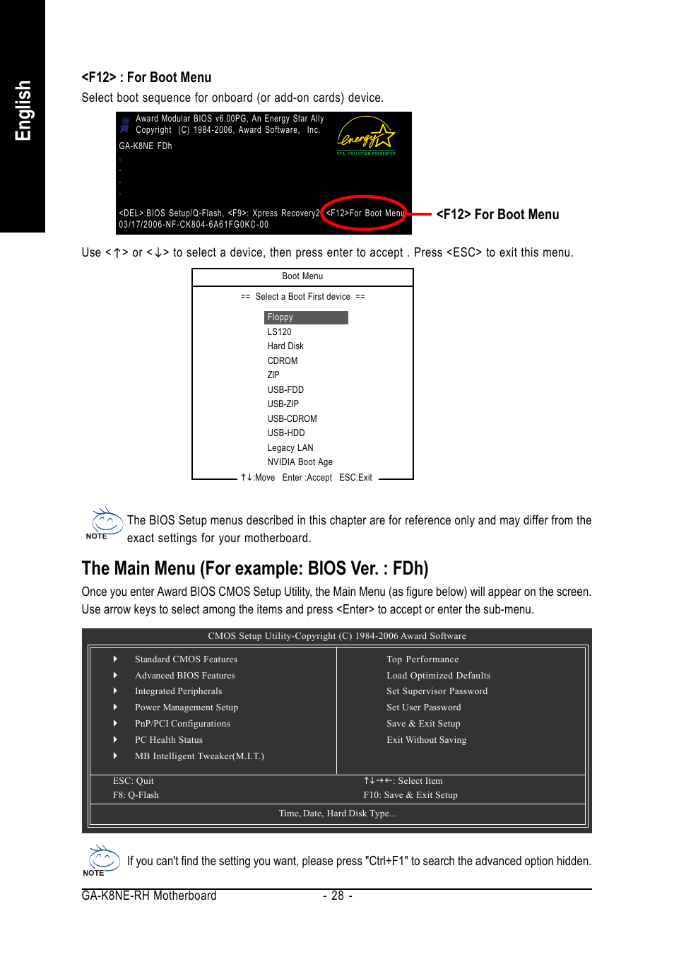 English, The main menu (for example: bios ver. : fdh), F12> : for boot menu | F12> for boot menu | GIGABYTE AMD Socket 754 Processor Motherboard GA-K8NE-RH User Manual | Page 28 / 80