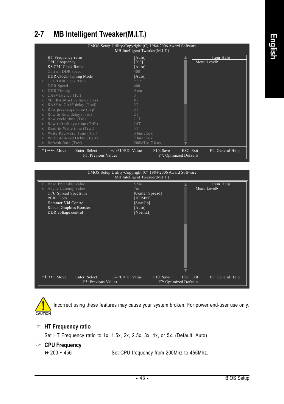 English, 7 mb intelligent tweaker(m.i.t.), Ht frequency ratio | Cpu frequency, Bios setup - 43 | GIGABYTE AMD Socket 754 Processor Motherboard GA-K8NE-RH User Manual | Page 43 / 80