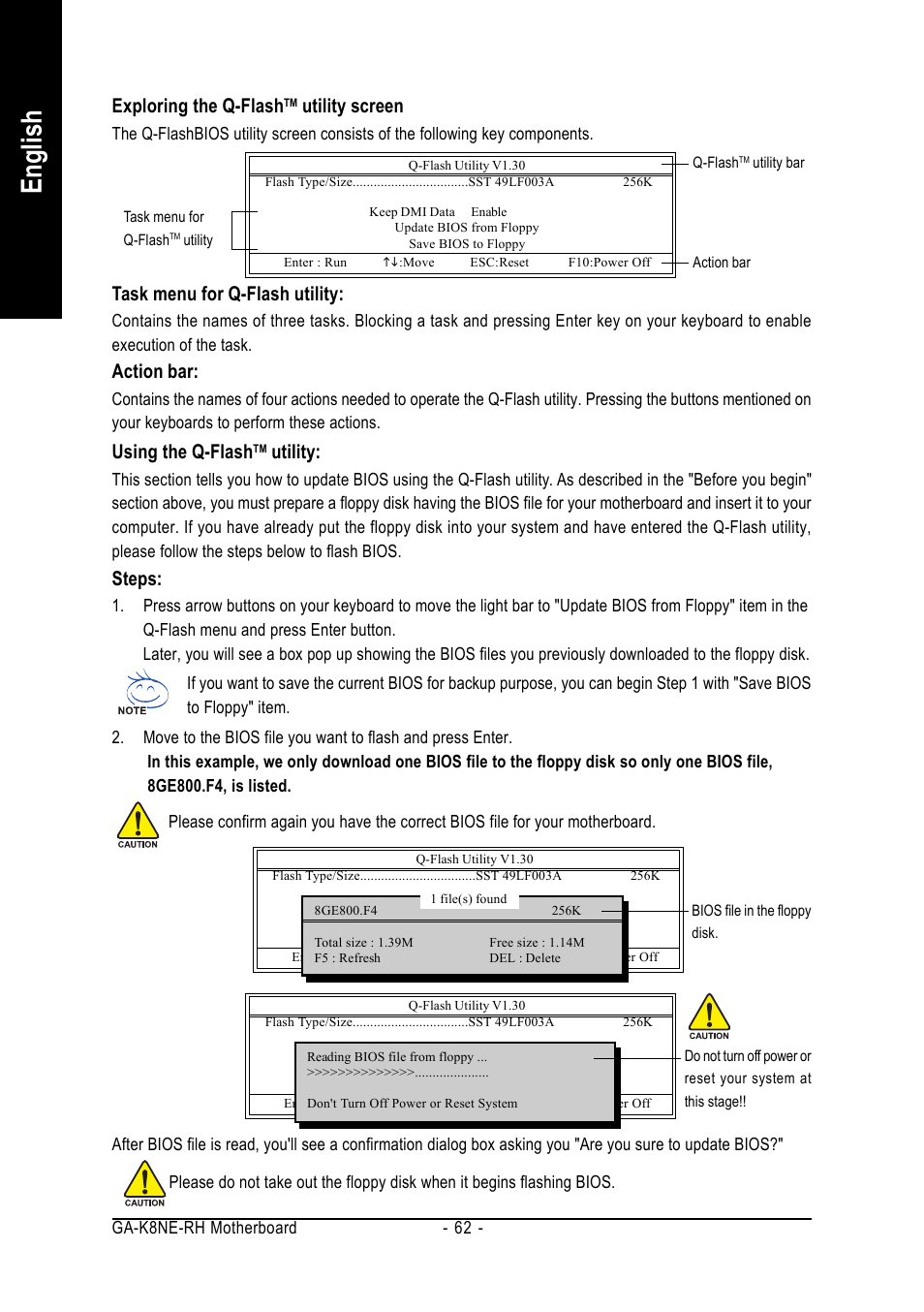 English, Exploring the q-flash, Utility screen | Task menu for q-flash utility, Action bar, Using the q-flash, Utility, Steps | GIGABYTE AMD Socket 754 Processor Motherboard GA-K8NE-RH User Manual | Page 62 / 80