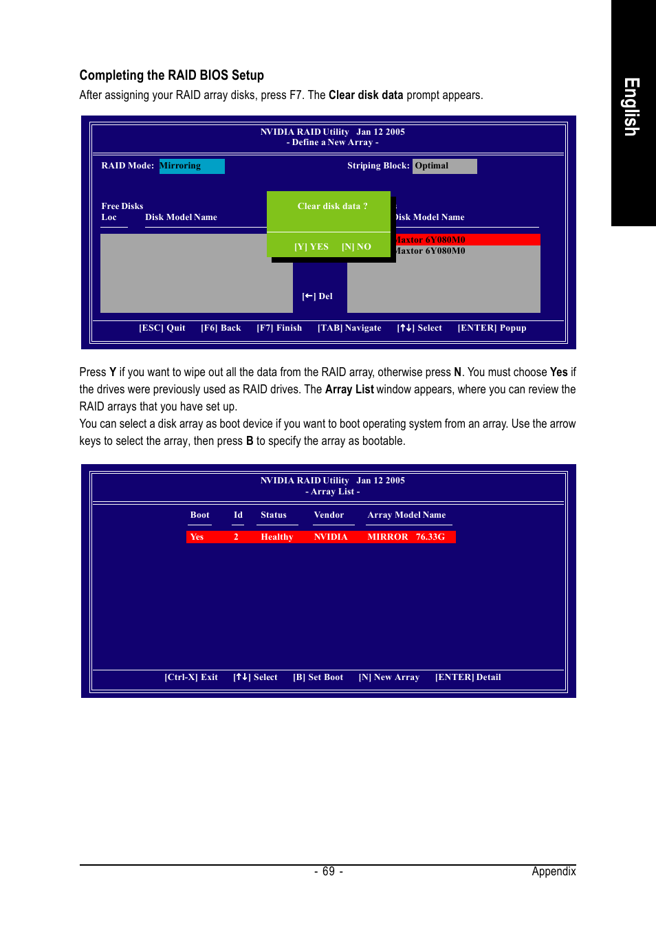 English, Completing the raid bios setup, Appendix - 69 | GIGABYTE AMD Socket 754 Processor Motherboard GA-K8NE-RH User Manual | Page 69 / 80