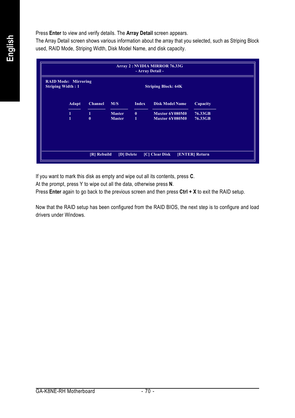 English, Ga-k8ne-rh motherboard - 70 | GIGABYTE AMD Socket 754 Processor Motherboard GA-K8NE-RH User Manual | Page 70 / 80