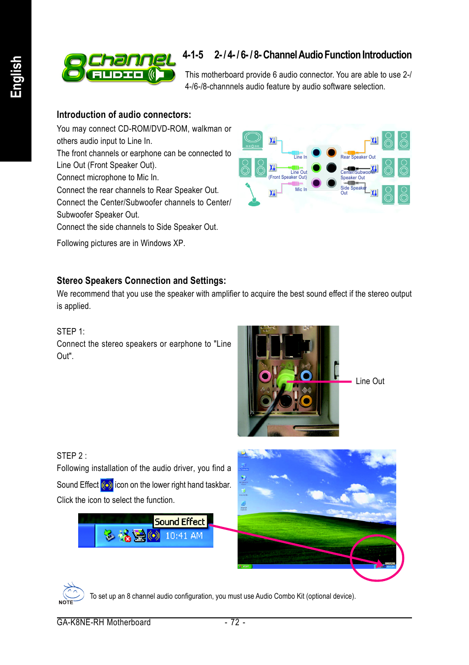 English, Stereo speakers connection and settings, Introduction of audio connectors | GIGABYTE AMD Socket 754 Processor Motherboard GA-K8NE-RH User Manual | Page 72 / 80