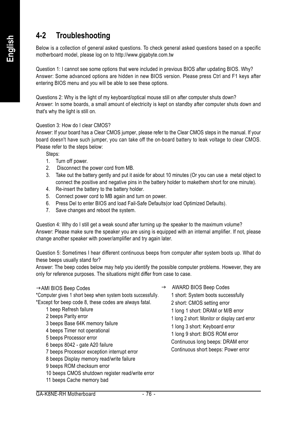 English, 2 troubleshooting | GIGABYTE AMD Socket 754 Processor Motherboard GA-K8NE-RH User Manual | Page 76 / 80