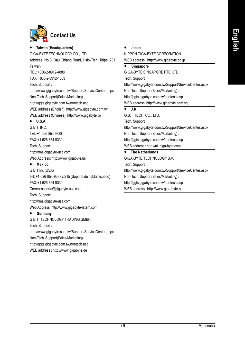 English, Contact us | GIGABYTE AMD Socket 754 Processor Motherboard GA-K8NE-RH User Manual | Page 79 / 80