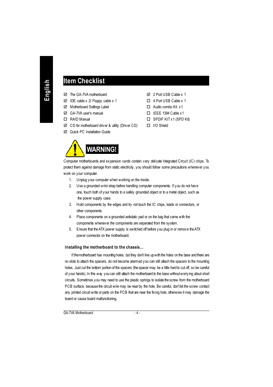 Item checklist, Warning, English | GIGABYTE GA-7VA1004 User Manual | Page 10 / 96