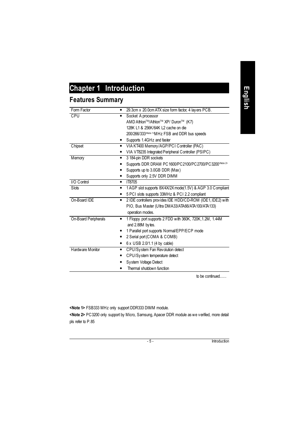 Chapter 1 introduction, English, Features summary | GIGABYTE GA-7VA1004 User Manual | Page 11 / 96