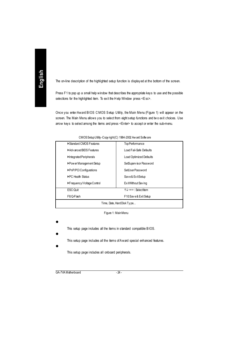 English, The main menu (for example: bios ver. : e2) | GIGABYTE GA-7VA1004 User Manual | Page 30 / 96