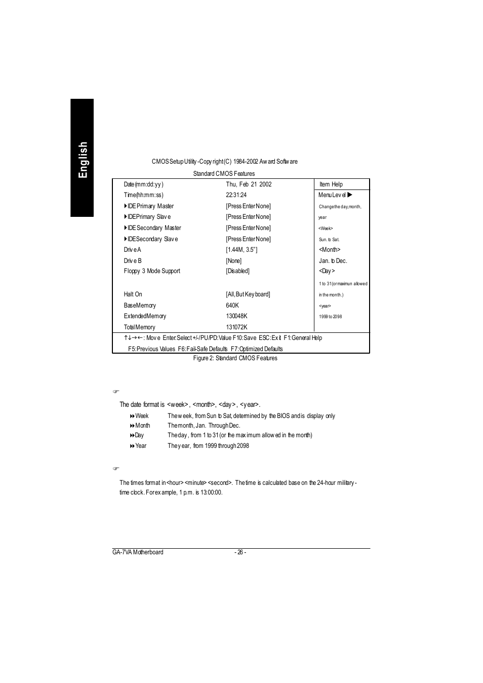 English standard cmos features | GIGABYTE GA-7VA1004 User Manual | Page 32 / 96