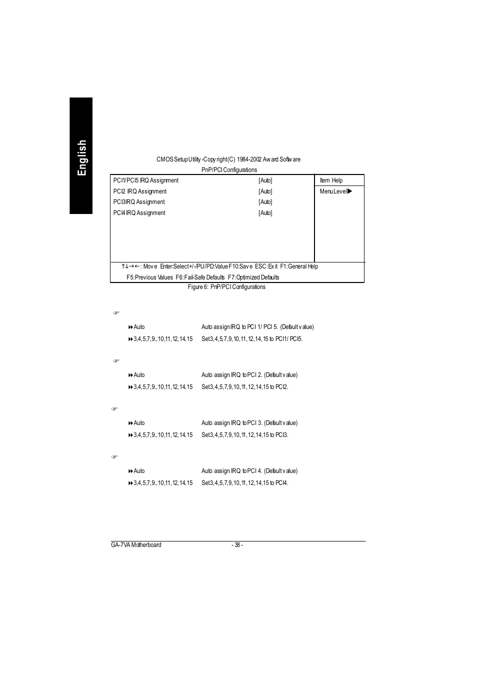 English, Pnp/pci configurations | GIGABYTE GA-7VA1004 User Manual | Page 44 / 96