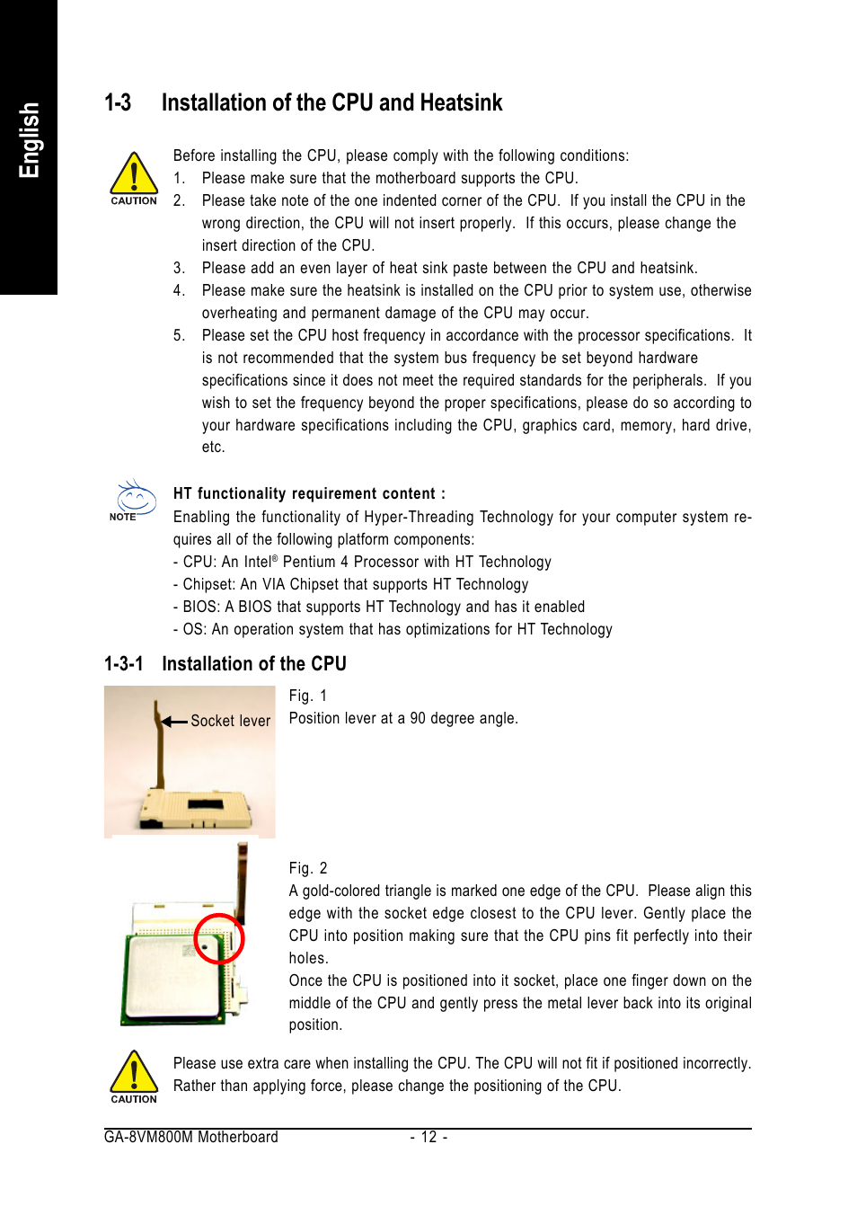 English, 3 installation of the cpu and heatsink | GIGABYTE Intel Pentium 4 Processor Motherboard GA-8VM800M User Manual | Page 12 / 80