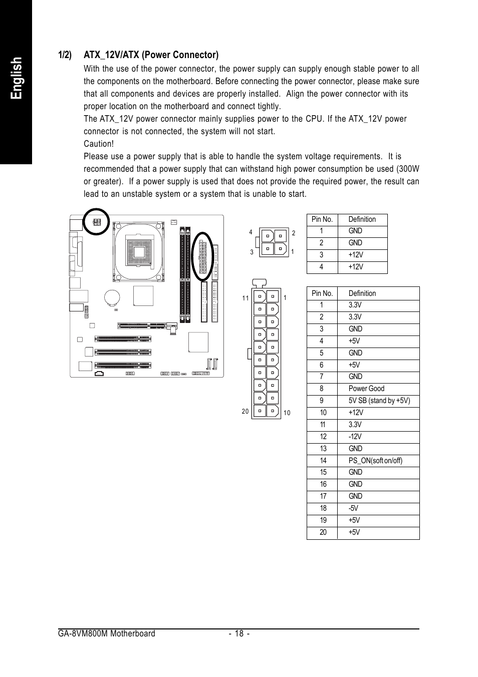 English, 1/2) atx_12v/atx (power connector) | GIGABYTE Intel Pentium 4 Processor Motherboard GA-8VM800M User Manual | Page 18 / 80