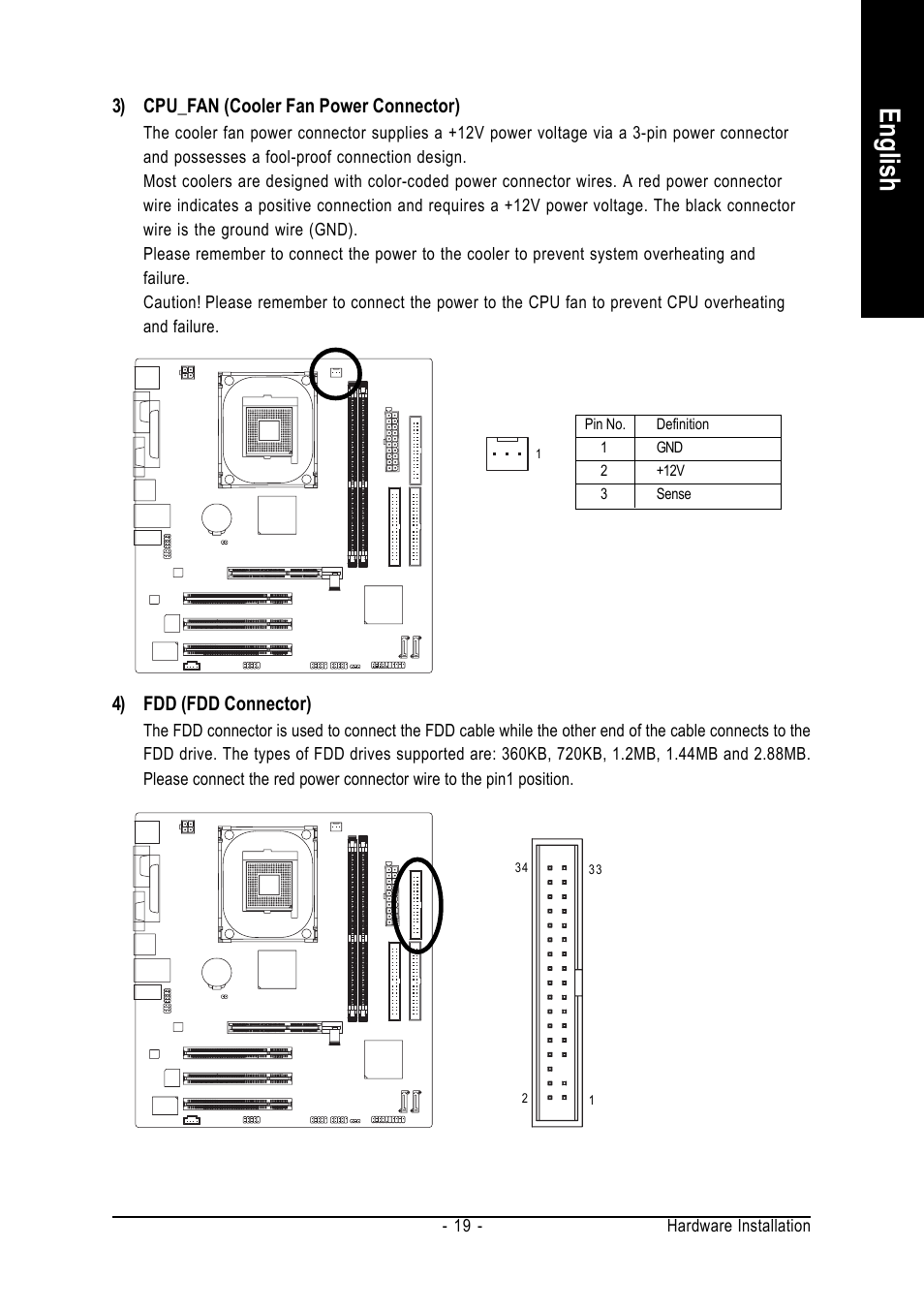 English, 3) cpu_fan (cooler fan power connector), 4) fdd (fdd connector) | GIGABYTE Intel Pentium 4 Processor Motherboard GA-8VM800M User Manual | Page 19 / 80