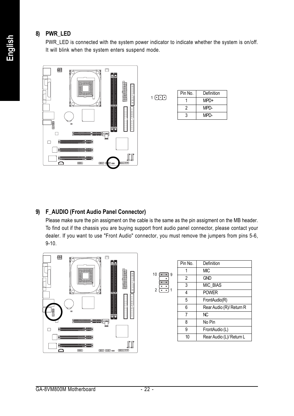 English, 9) f_audio (front audio panel connector), 8) pwr_led | GIGABYTE Intel Pentium 4 Processor Motherboard GA-8VM800M User Manual | Page 22 / 80