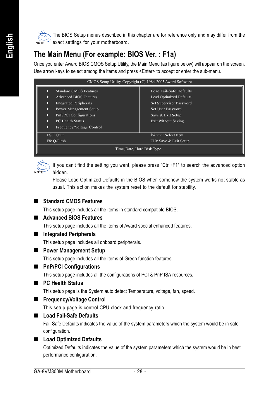 English, The main menu (for example: bios ver. : f1a) | GIGABYTE Intel Pentium 4 Processor Motherboard GA-8VM800M User Manual | Page 28 / 80