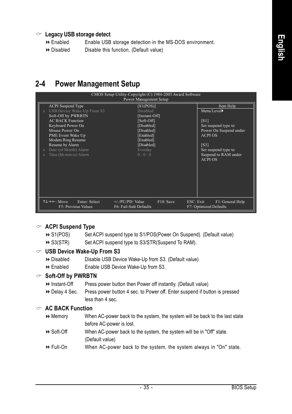 English, 4 power management setup, Acpi suspend type | Usb device wake-up from s3, Soft-off by pwrbtn, Ac back function, Legacy usb storage detect | GIGABYTE Intel Pentium 4 Processor Motherboard GA-8VM800M User Manual | Page 35 / 80