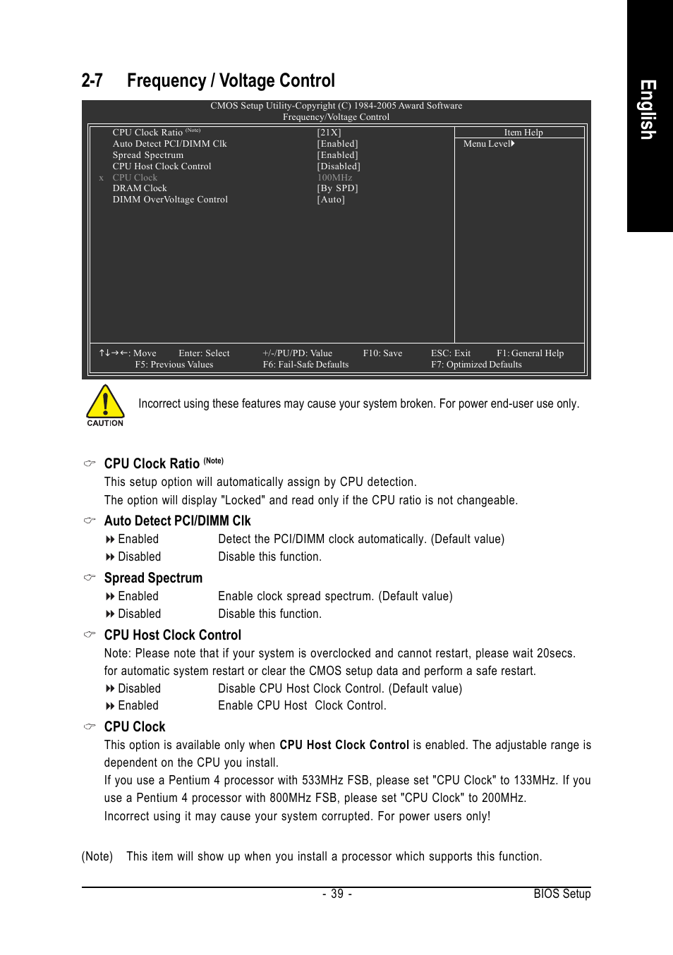 English, 7 frequency / voltage control, Cpu clock ratio | Auto detect pci/dimm clk, Spread spectrum, Cpu host clock control, Cpu clock | GIGABYTE Intel Pentium 4 Processor Motherboard GA-8VM800M User Manual | Page 39 / 80