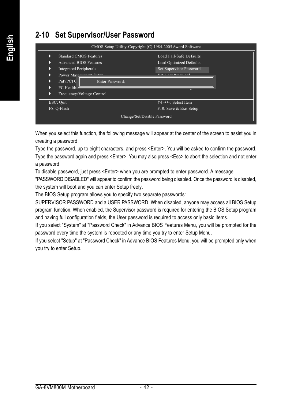 English, 10 set supervisor/user password | GIGABYTE Intel Pentium 4 Processor Motherboard GA-8VM800M User Manual | Page 42 / 80