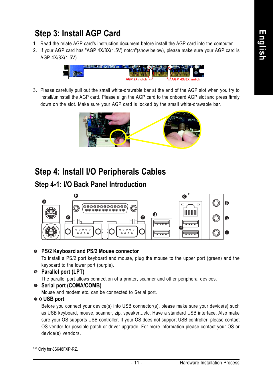 English, Step 4: install i/o peripherals cables, Step 3: install agp card | Step 4-1: i/o back panel introduction | GIGABYTE 8S648FXP-RZ-C User Manual | Page 11 / 40