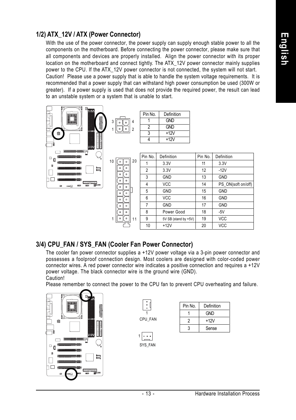 English, 1/2) atx_12v / atx (power connector) | GIGABYTE 8S648FXP-RZ-C User Manual | Page 13 / 40