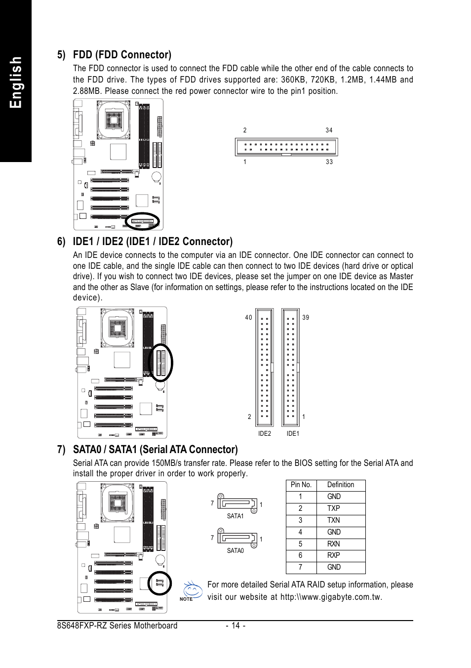 English, 5) fdd (fdd connector), 7) sata0 / sata1 (serial ata connector) | GIGABYTE 8S648FXP-RZ-C User Manual | Page 14 / 40