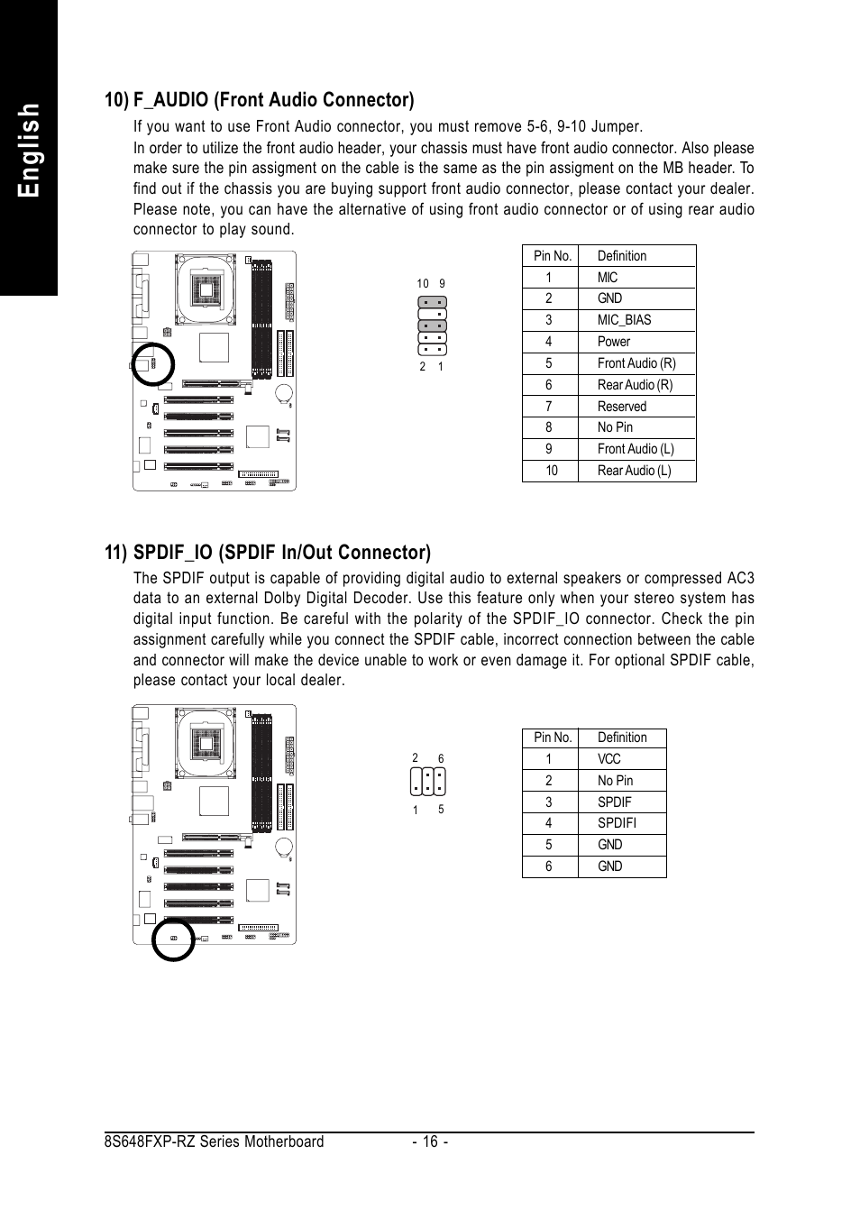 English, 10) f_audio (front audio connector), 11) spdif_io (spdif in/out connector) | GIGABYTE 8S648FXP-RZ-C User Manual | Page 16 / 40