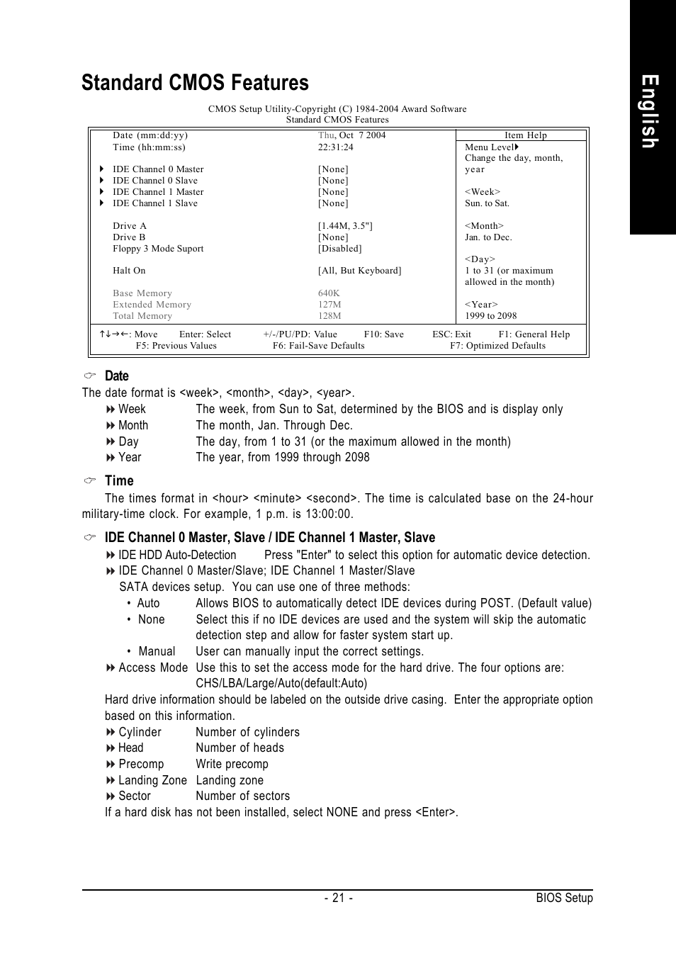 English standard cmos features, Date, Time | GIGABYTE 8S648FXP-RZ-C User Manual | Page 21 / 40