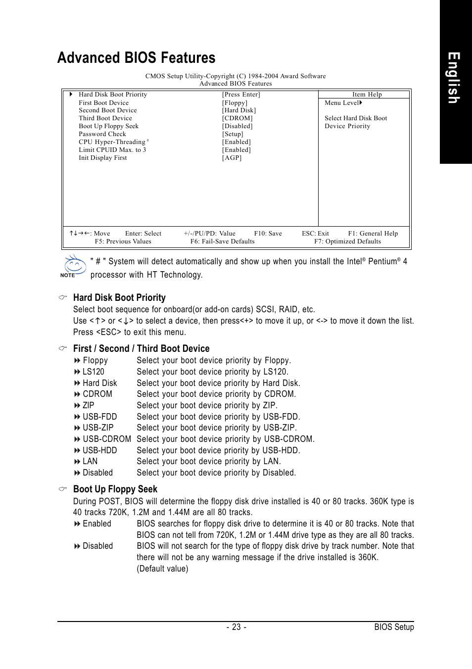English advanced bios features, Hard disk boot priority, First / second / third boot device | Boot up floppy seek | GIGABYTE 8S648FXP-RZ-C User Manual | Page 23 / 40
