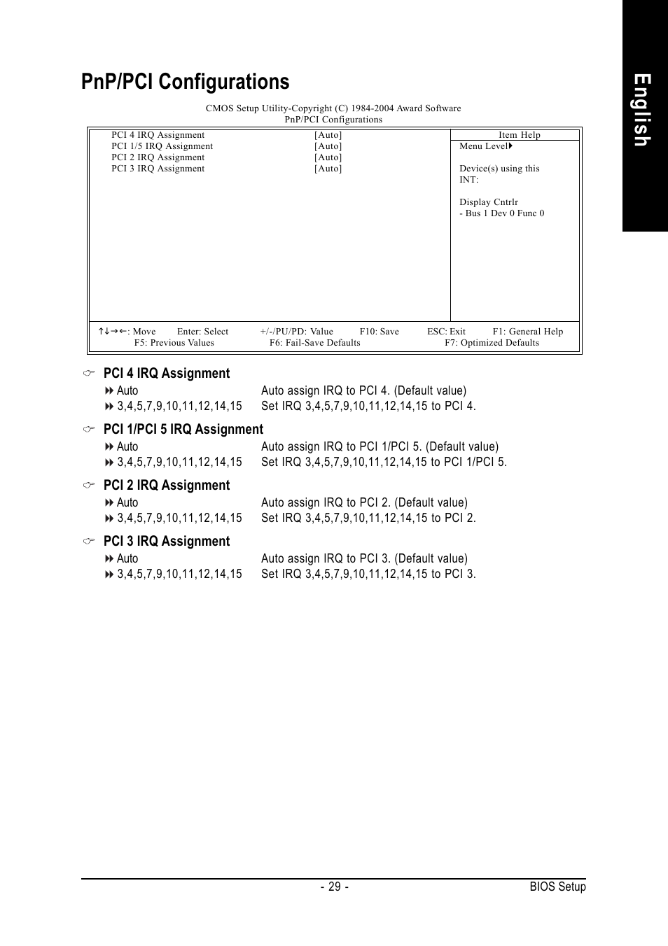 English, Pnp/pci configurations, Pci 4 irq assignment | Pci 1/pci 5 irq assignment, Pci 2 irq assignment, Pci 3 irq assignment | GIGABYTE 8S648FXP-RZ-C User Manual | Page 29 / 40