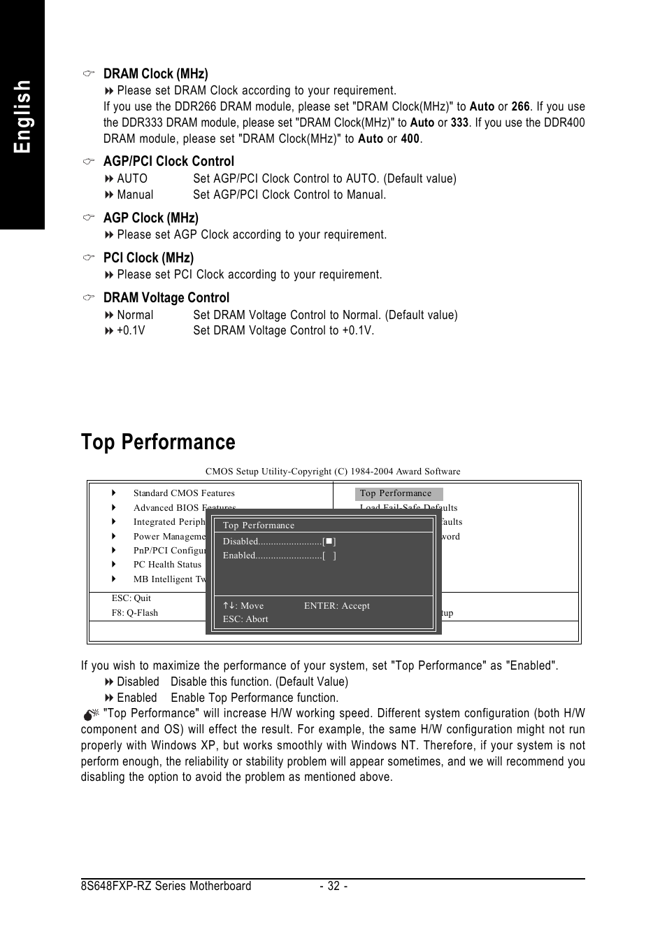 English top performance, Dram clock (mhz), Agp/pci clock control | Agp clock (mhz), Pci clock (mhz), Dram voltage control | GIGABYTE 8S648FXP-RZ-C User Manual | Page 32 / 40