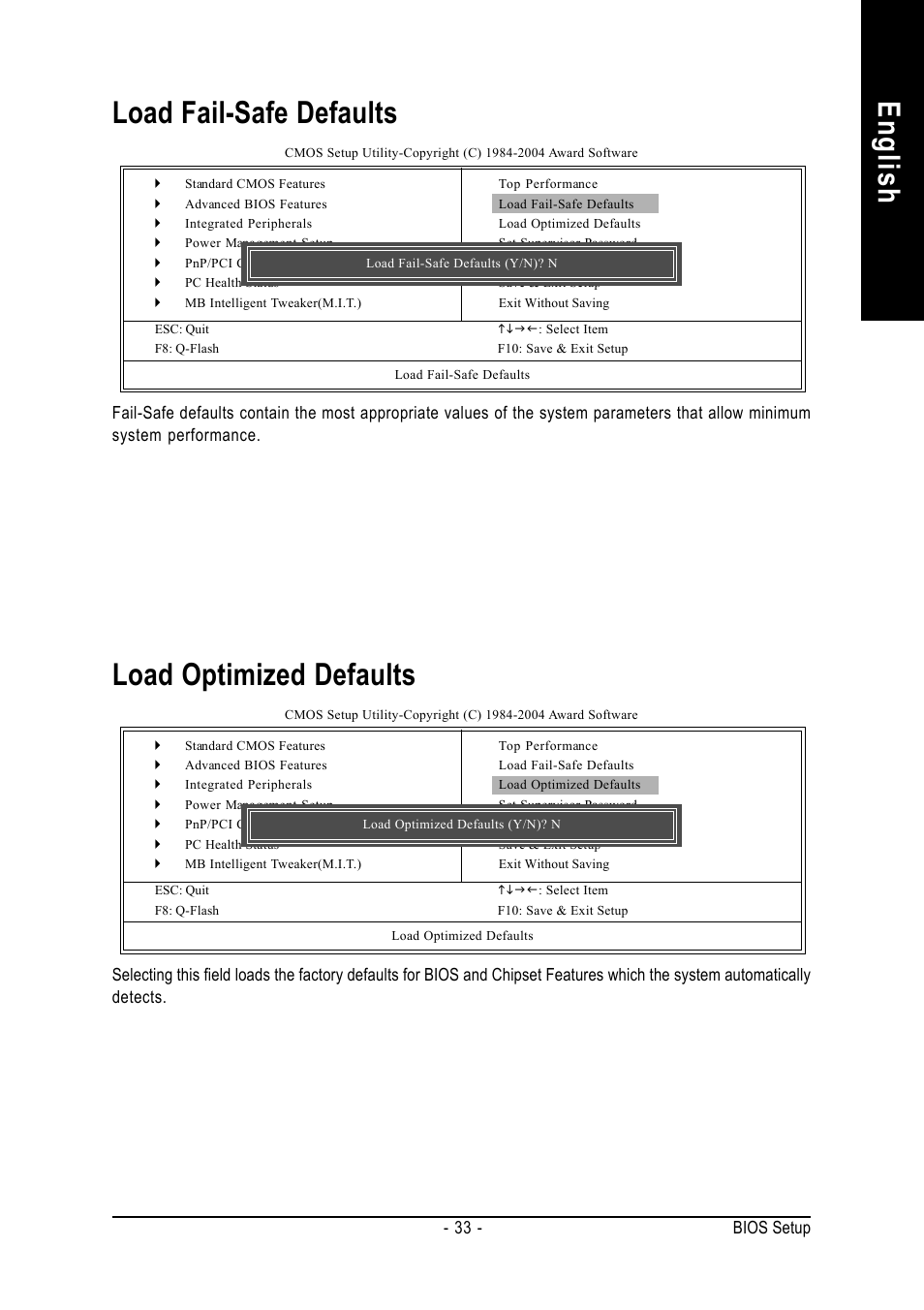 English load fail-safe defaults, Load optimized defaults, 33 - bios setup | GIGABYTE 8S648FXP-RZ-C User Manual | Page 33 / 40