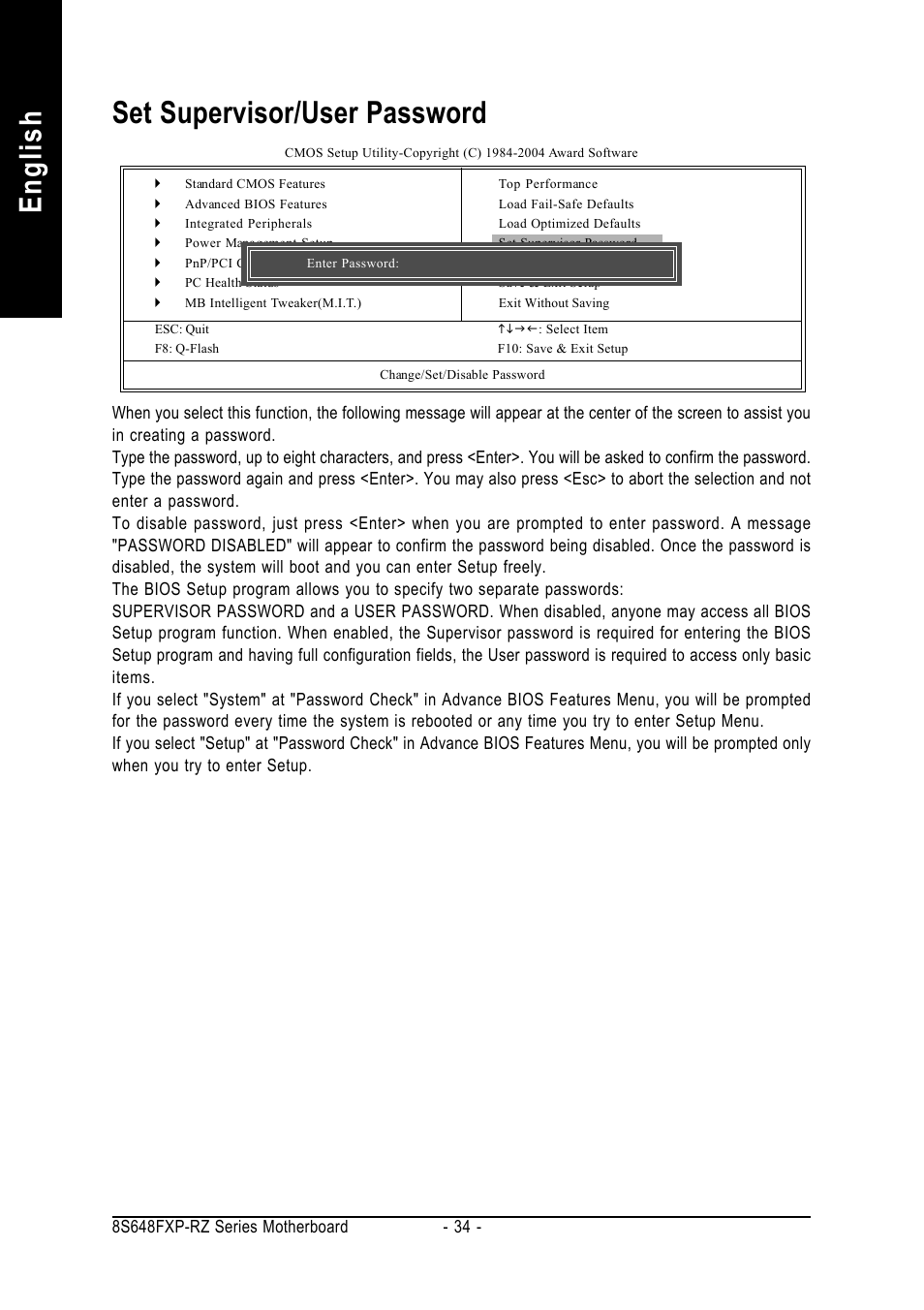 English, Set supervisor/user password | GIGABYTE 8S648FXP-RZ-C User Manual | Page 34 / 40