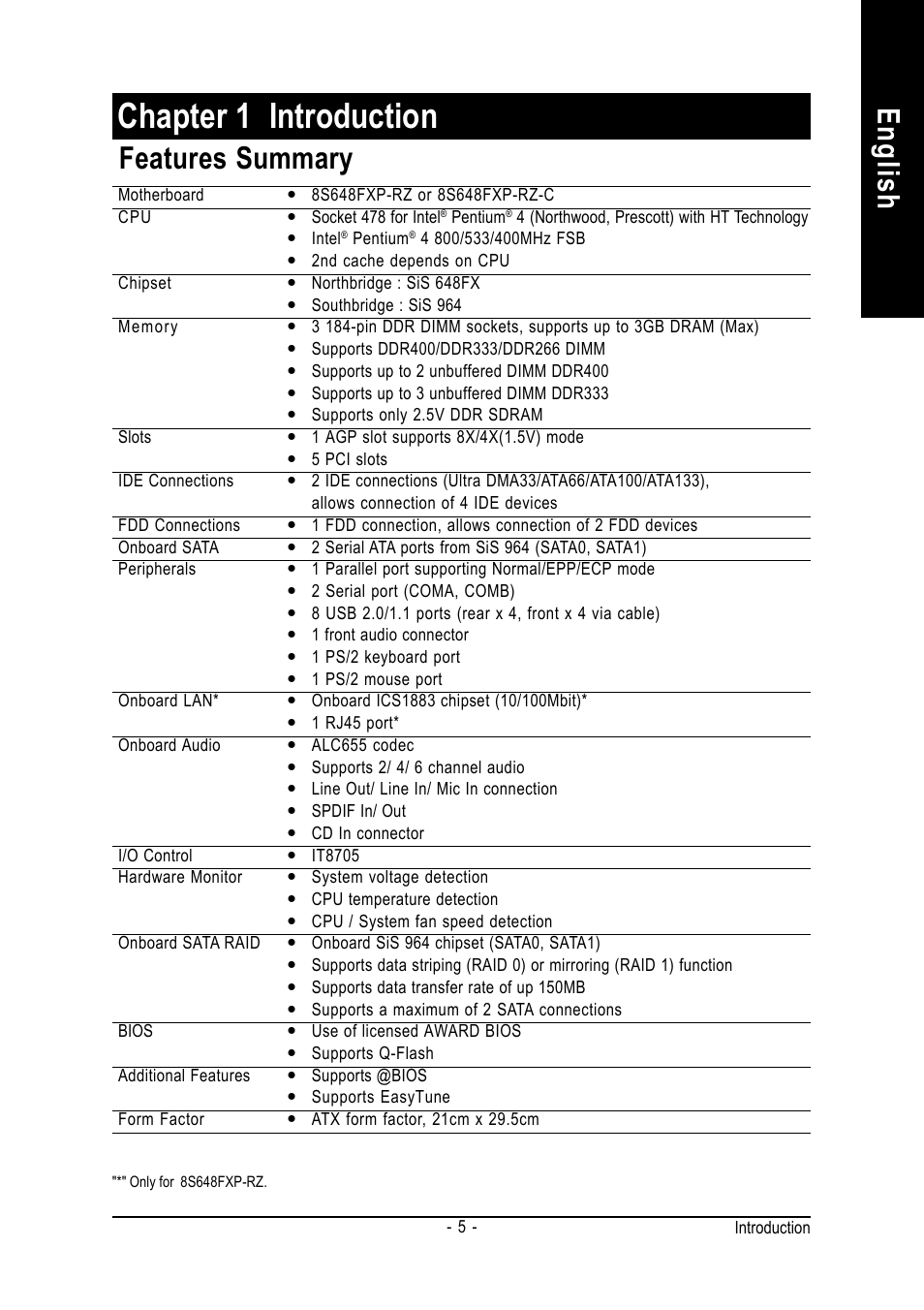 Chapter 1 introduction, English, Features summary | GIGABYTE 8S648FXP-RZ-C User Manual | Page 5 / 40