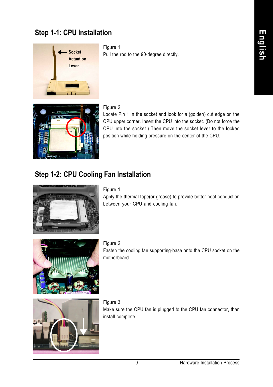 English, Step 1-1: cpu installation, Step 1-2: cpu cooling fan installation | GIGABYTE 8S648FXP-RZ-C User Manual | Page 9 / 40