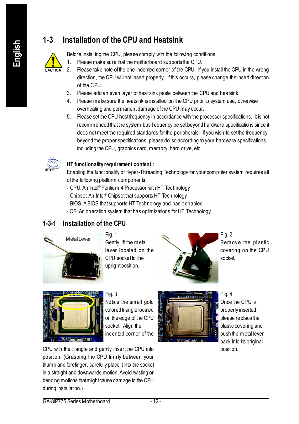 English, 3 installation of the cpu and heatsink | GIGABYTE GA-8IP775 Series User Manual | Page 12 / 80