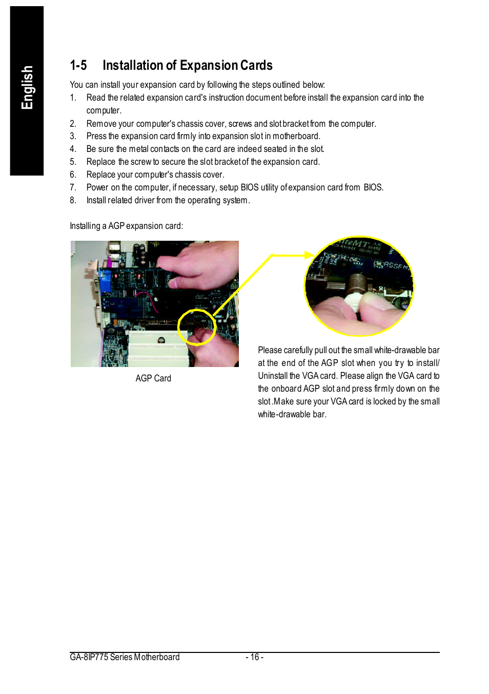 English, 5 installation of expansion cards | GIGABYTE GA-8IP775 Series User Manual | Page 16 / 80