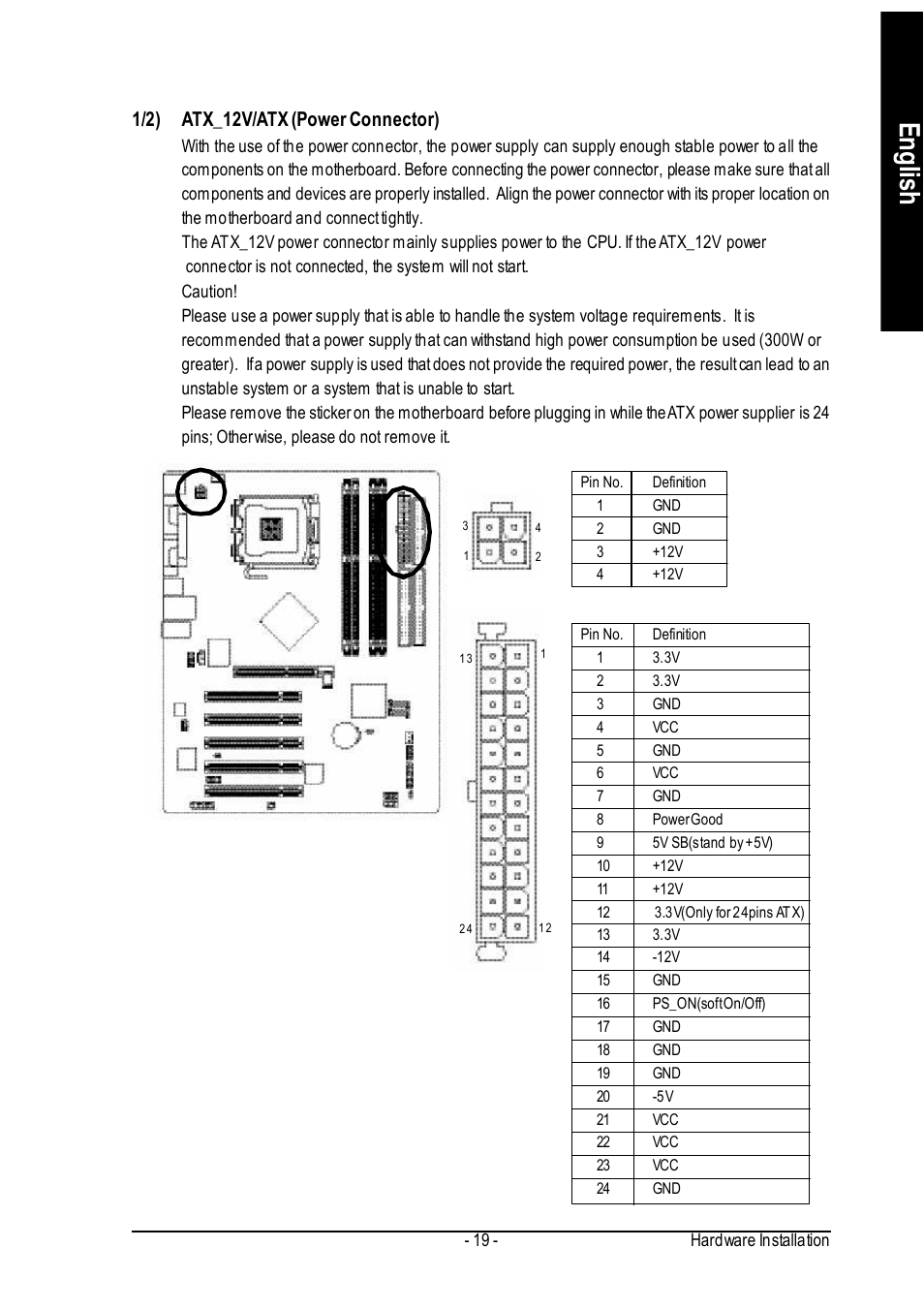 English, 1/2) atx_12v/atx (power connector) | GIGABYTE GA-8IP775 Series User Manual | Page 19 / 80