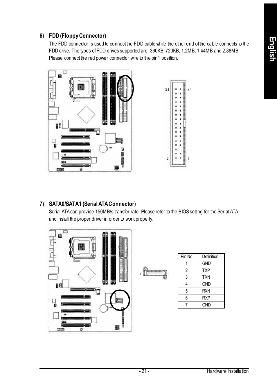 English, 6) fdd (floppy connector), 7) sata0/sata1 (serial ata connector) | GIGABYTE GA-8IP775 Series User Manual | Page 21 / 80