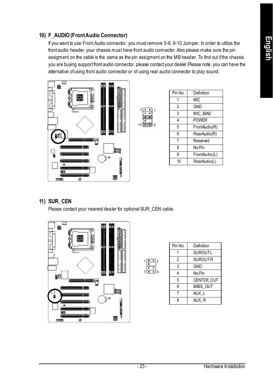 English, 10) f_audio (front audio connector), 11) sur_cen | GIGABYTE GA-8IP775 Series User Manual | Page 23 / 80