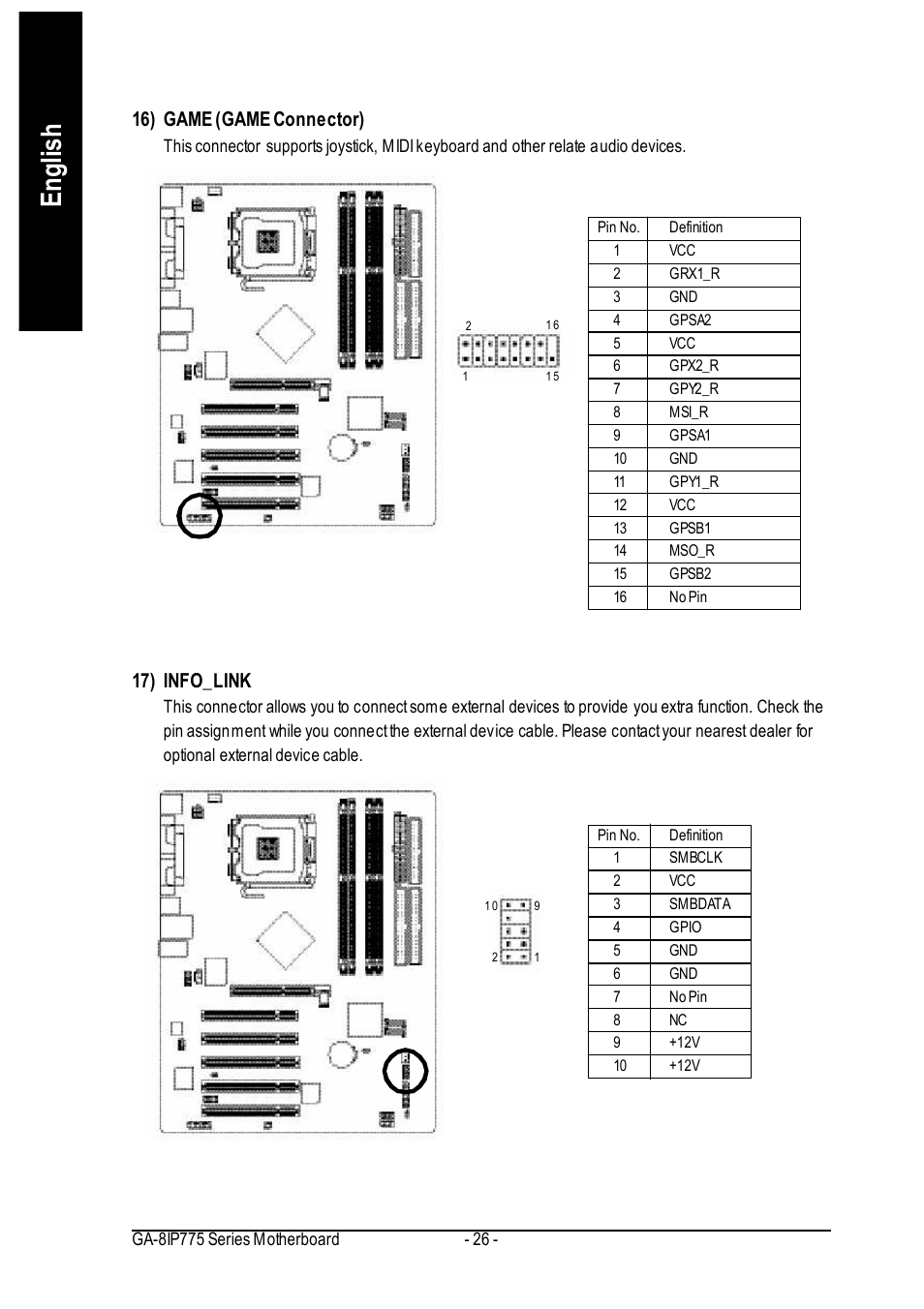 English, 16) game (game connector), 17) info_link | GIGABYTE GA-8IP775 Series User Manual | Page 26 / 80