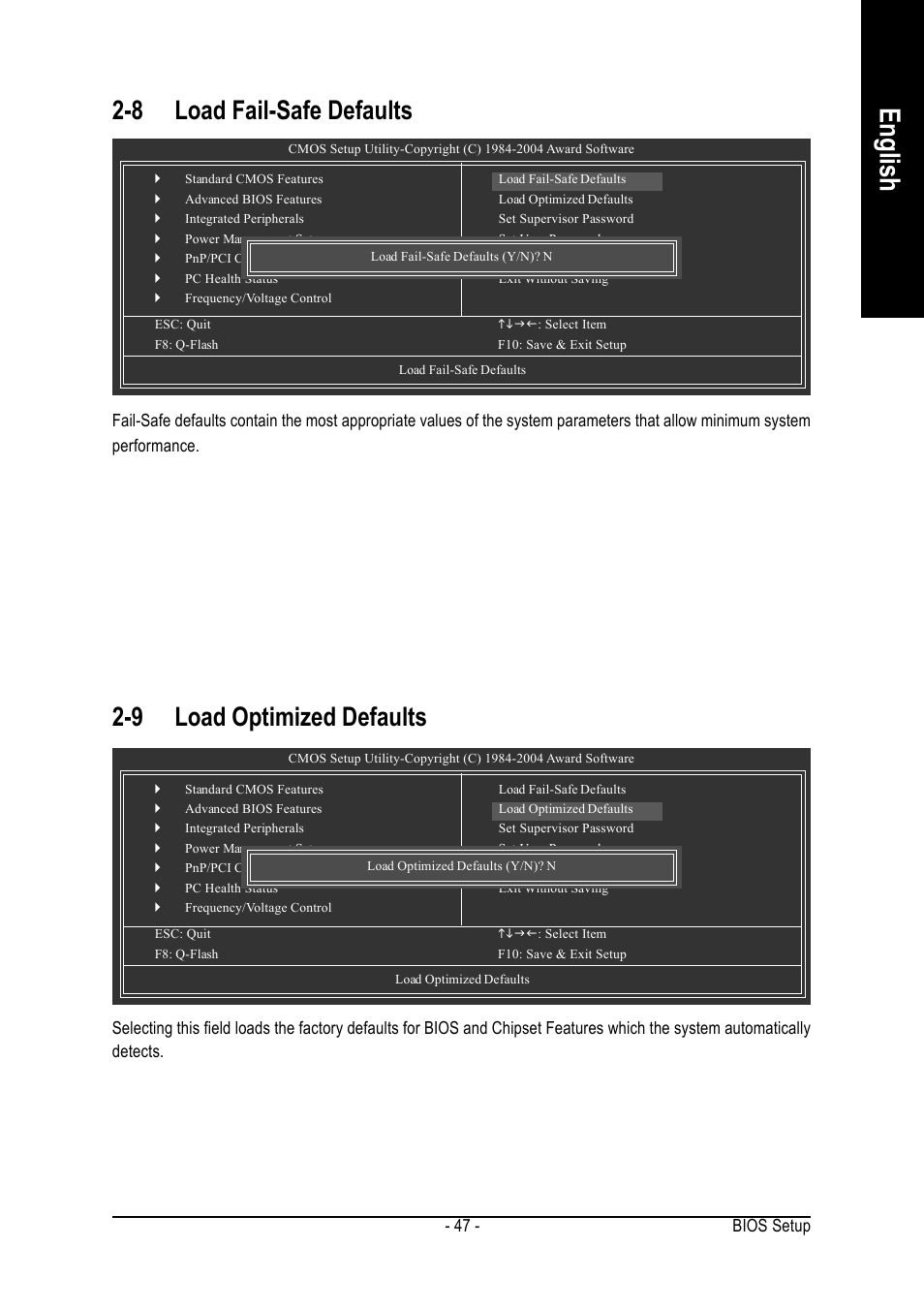 English, 8 load fail-safe defaults, 9 load optimized defaults | GIGABYTE GA-8IP775 Series User Manual | Page 47 / 80