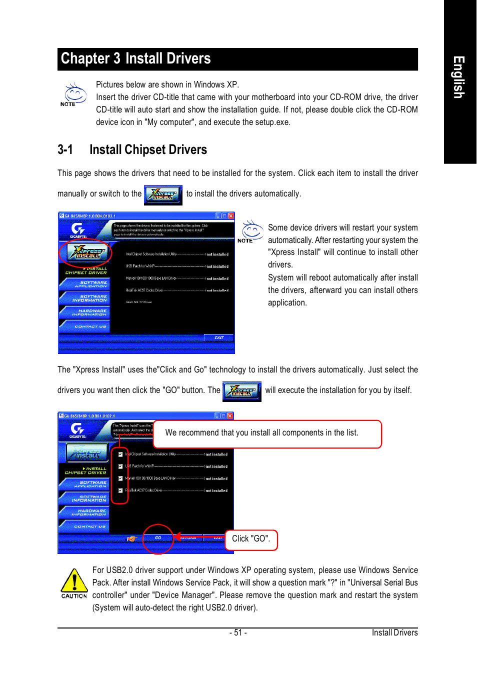 Chapter 3 install drivers, English, 1 install chipset drivers | GIGABYTE GA-8IP775 Series User Manual | Page 51 / 80