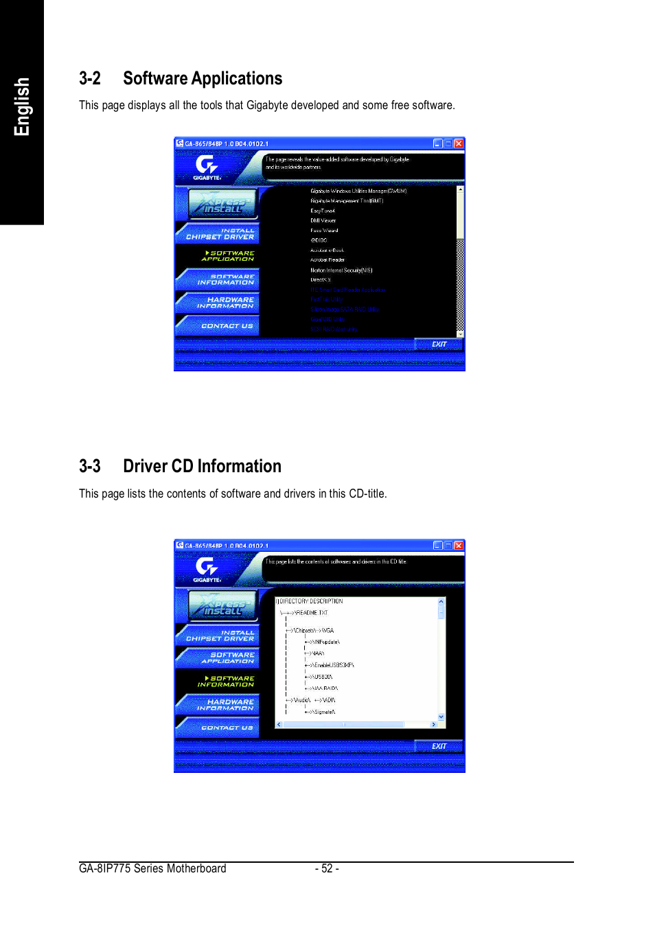 English, 2 software applications, 3 driver cd information | GIGABYTE GA-8IP775 Series User Manual | Page 52 / 80