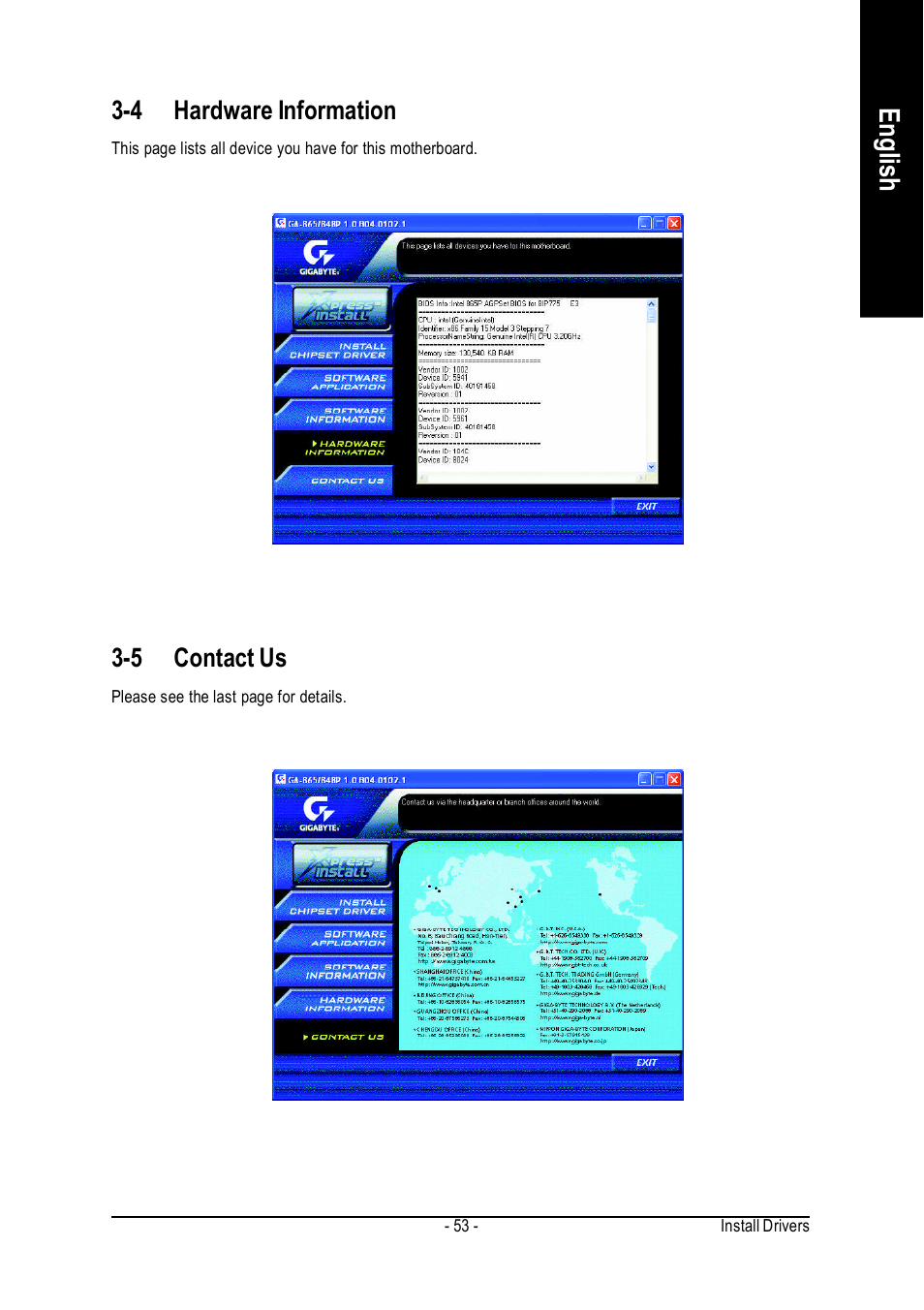 English, 4 hardware information, 5 contact us | GIGABYTE GA-8IP775 Series User Manual | Page 53 / 80