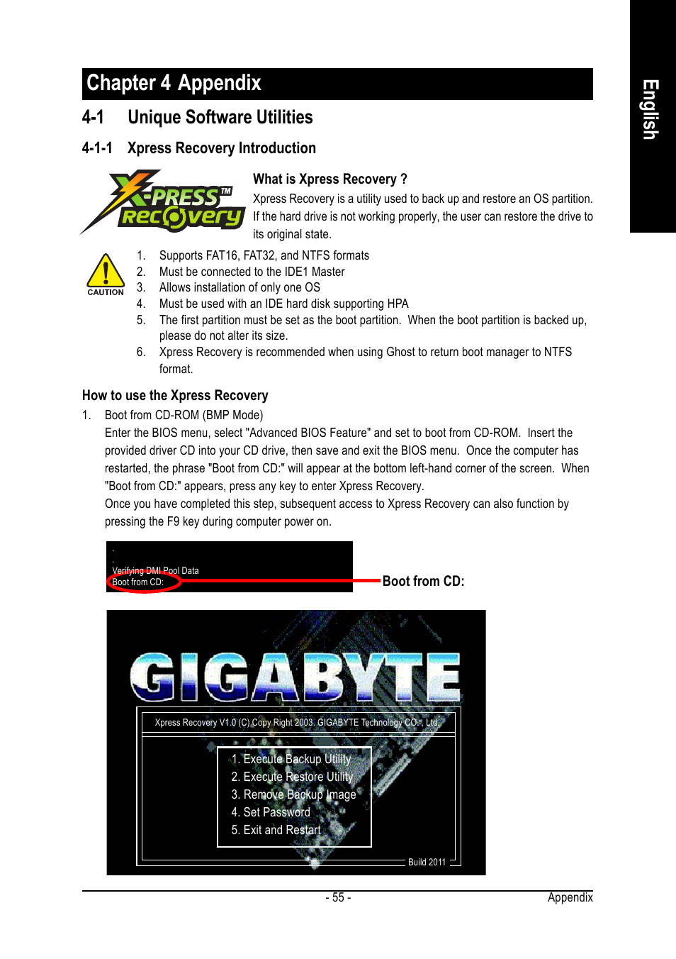 Chapter 4 appendix, English, 1 unique software utilities | GIGABYTE GA-8IP775 Series User Manual | Page 55 / 80