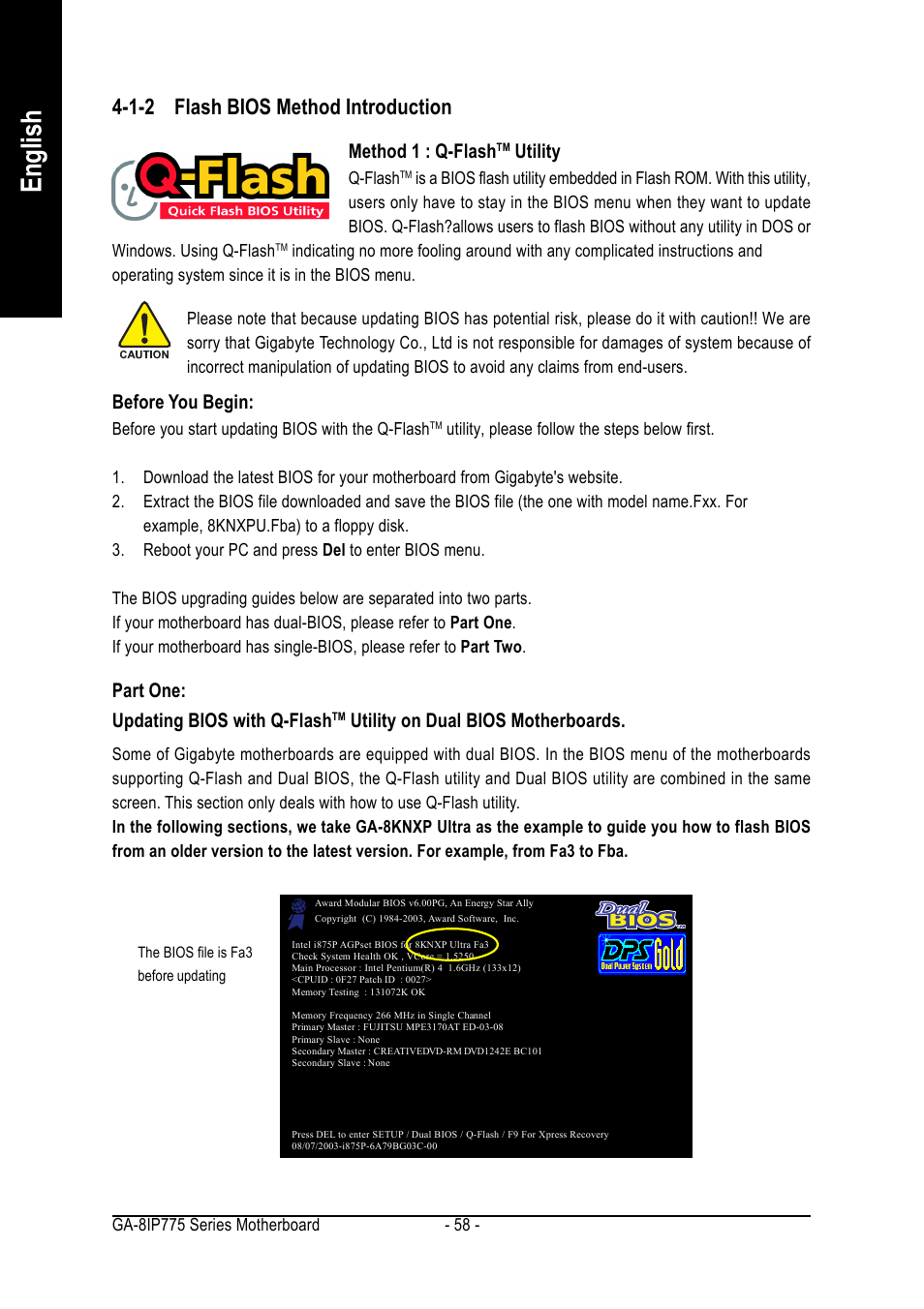 English, 1-2 flash bios method introduction, Method 1 : q-flash | Utility, Before you begin, Part one: updating bios with q-flash, Utility on dual bios motherboards | GIGABYTE GA-8IP775 Series User Manual | Page 58 / 80